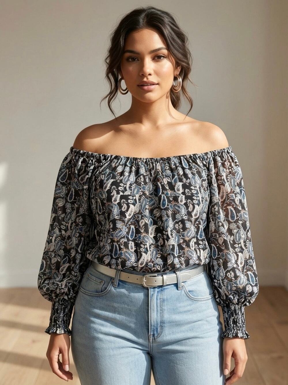 Boho Paisley Off The Shoulder Blouse Puff Sleeve Peasant Top Cottagecore Sz M